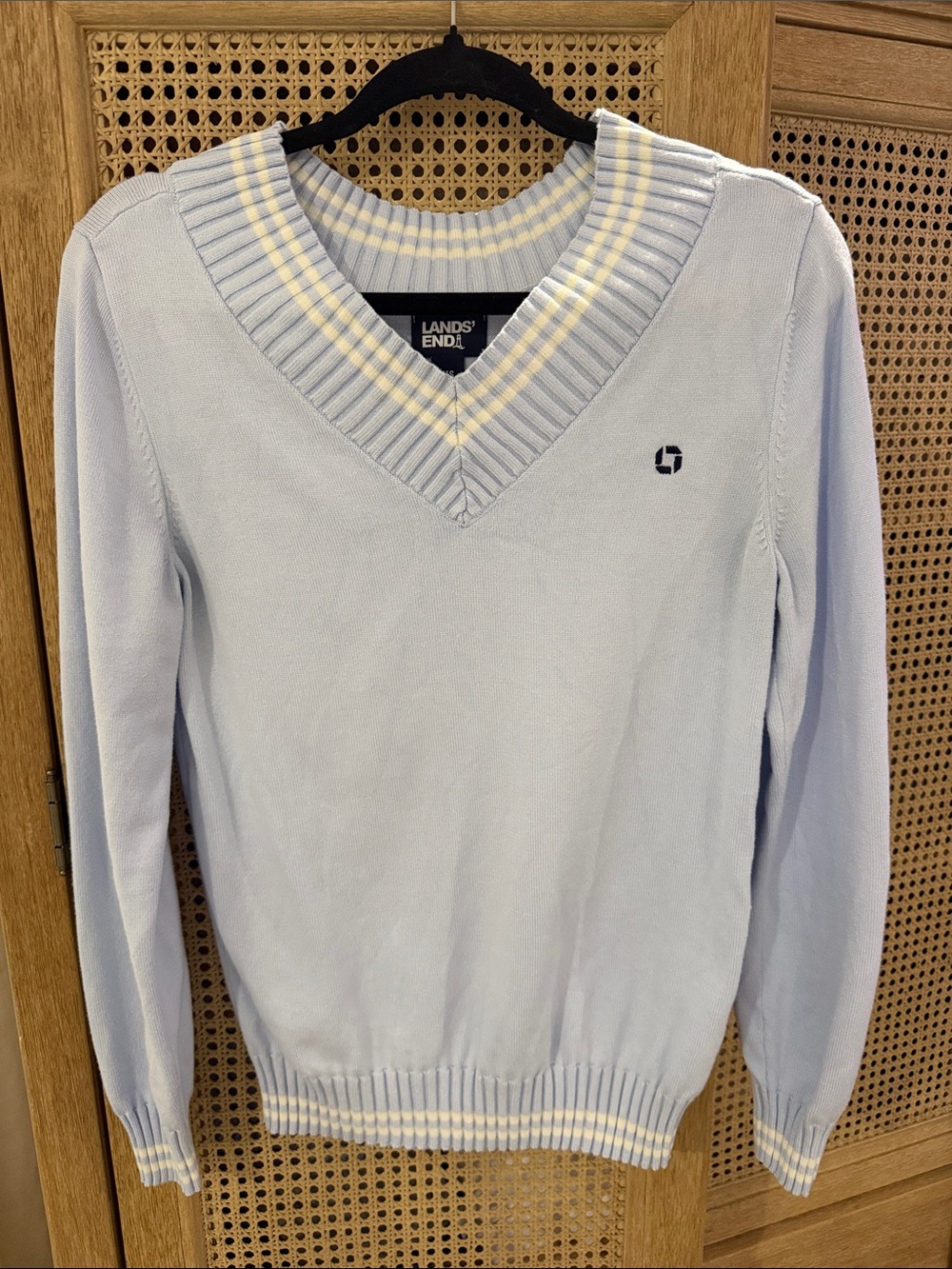 Lands' End Women’s Pale Blue V-Neck Sweater with Cream Trim (runs big)